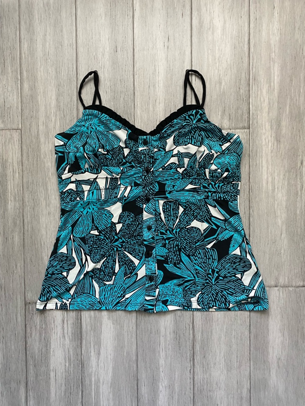 apt.9 Womens Floral Print Tank Top Teal & Black Summer Tankini